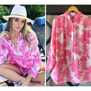 Felicitiè Hot Pink 100% Cotton Gauze Floral/Tropical Women's Blouse/Cover-Up